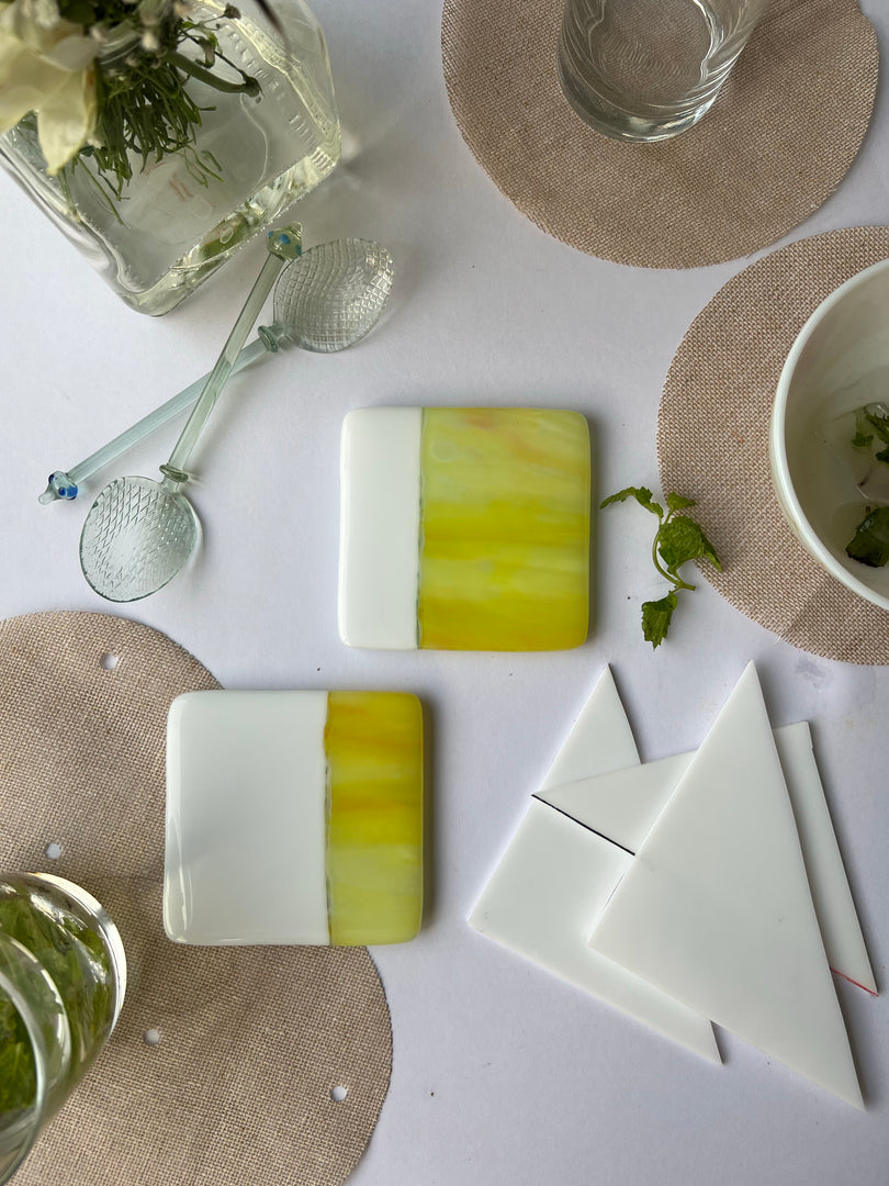 Flaxen Green & Solid Milk White Fused-Glass Coasters