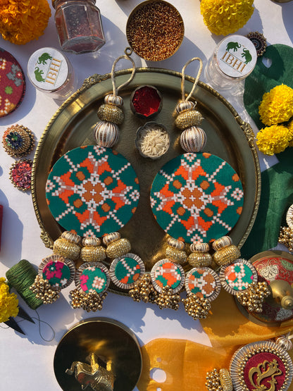 OG Inflorescence Divine Pichwai & Bottle Green Navratna Patola  Shubh Labh Dangler- Set of 2