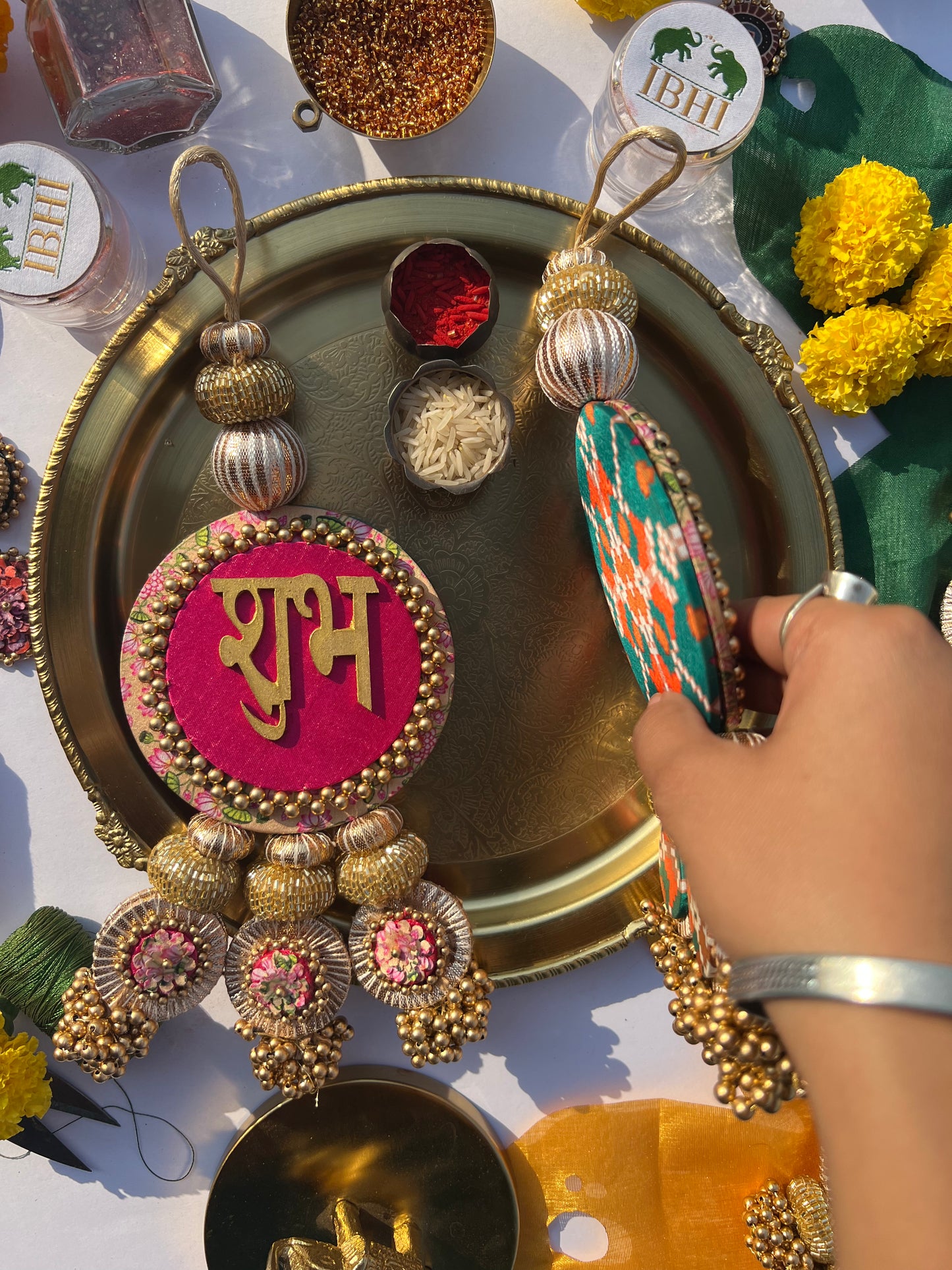 OG Inflorescence Divine Pichwai & Bottle Green Navratna Patola  Shubh Labh Dangler- Set of 2