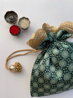 Load image into Gallery viewer, The Pointed-Edge Grassy Viridescent Intense Ajrakh Potli - IBHI
