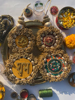 Load image into Gallery viewer, Ganesh &amp; Shubh Labh Dangler- Solid Mustard + Maroon &amp; Bottle Green Navratna Patola