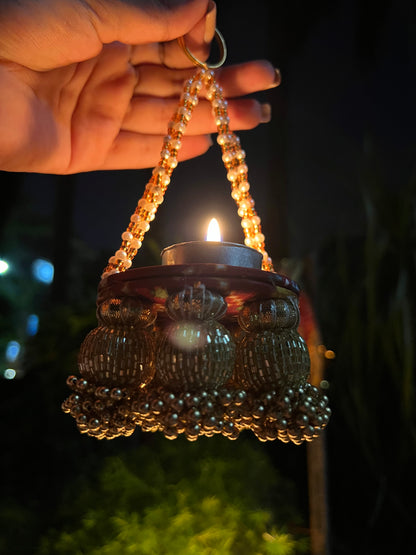 Maroon Navratna Patola Spherical Glass Beaded Mini Diya Holder