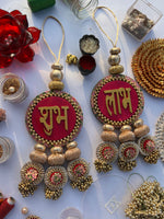 Load image into Gallery viewer, OG Inflorescence &amp; Pink Colloquial Divine Pichwai Shubh Labh Danglers- Set of 2