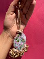 Load image into Gallery viewer, Ganesh Motif Mini Gota Charm: Solid Pink &amp; Divine Pichwai Car Hanging
