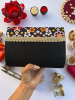 Load image into Gallery viewer, Seven Heaven Black Navratna Patola Micro Beaded X Solid Silk Clutch