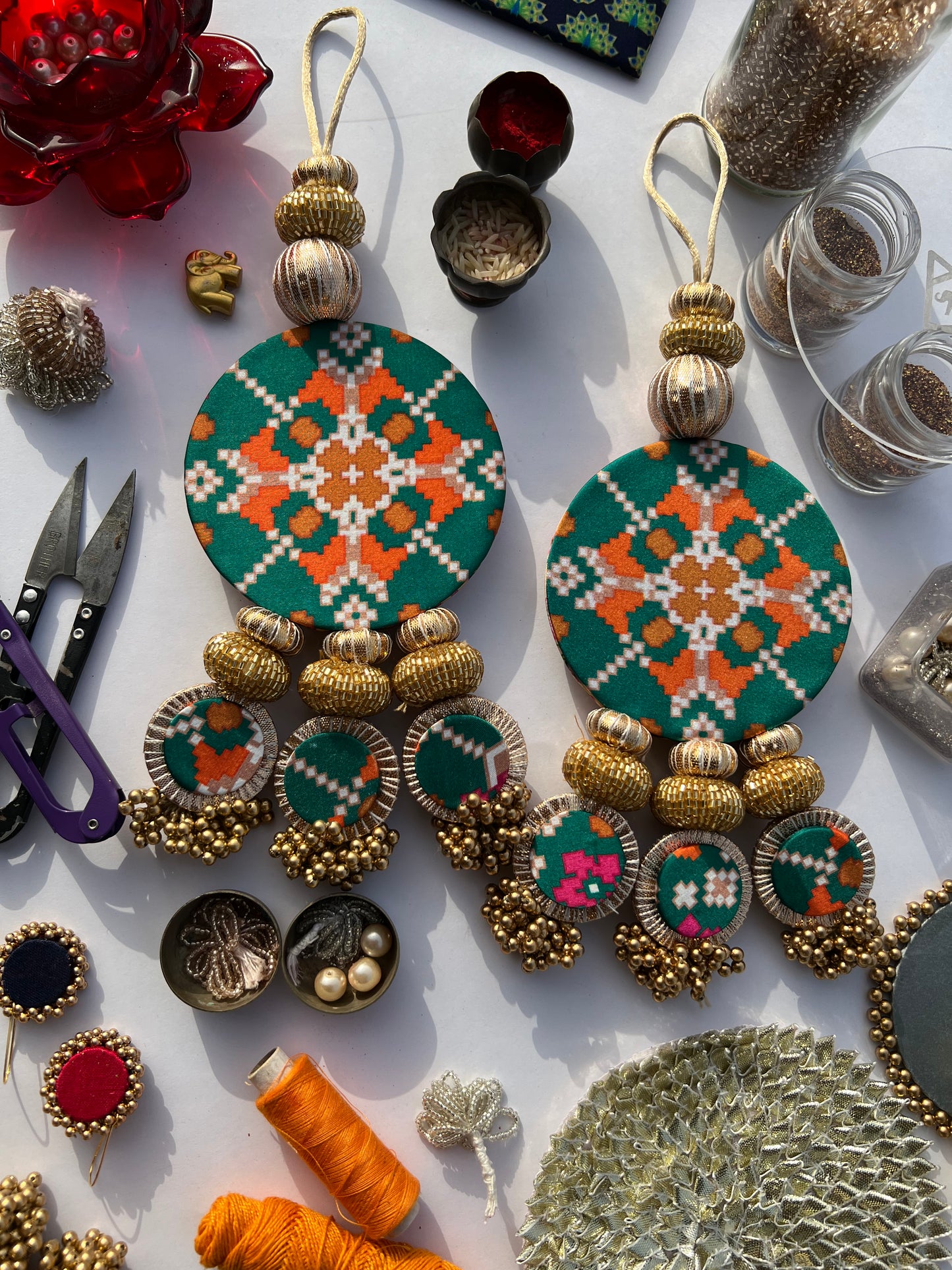 OG Inflorescence Divine Pichwai & Bottle Green Navratna Patola  Shubh Labh Dangler- Set of 2