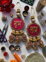 Load image into Gallery viewer, OG Inflorescence Divine Pichwai &amp; Bottle Green Navratna Patola  Shubh Labh Dangler- Set of 2
