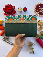 Load image into Gallery viewer, Seven Heaven Bottle Green Navratna Patola Micro Beaded Solid Silk Clutch