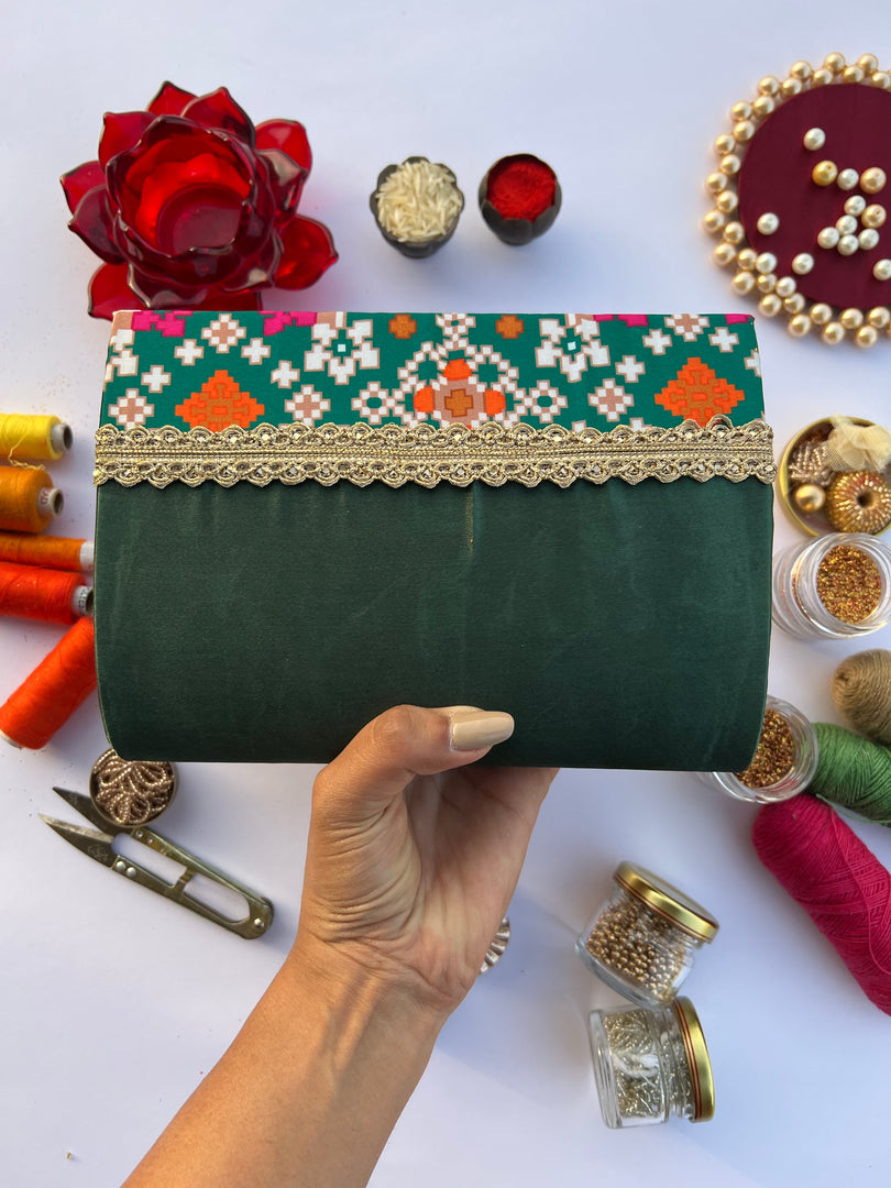 Seven Heaven Bottle Green Navratna Patola Micro Beaded Solid Silk Clutch