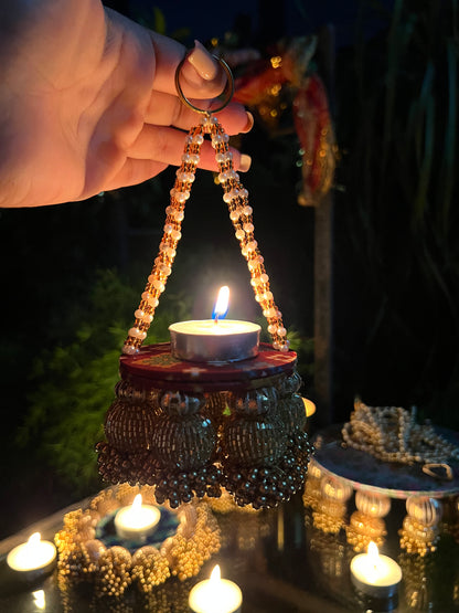 Maroon Navratna Patola Spherical Glass Beaded Mini Diya Holder