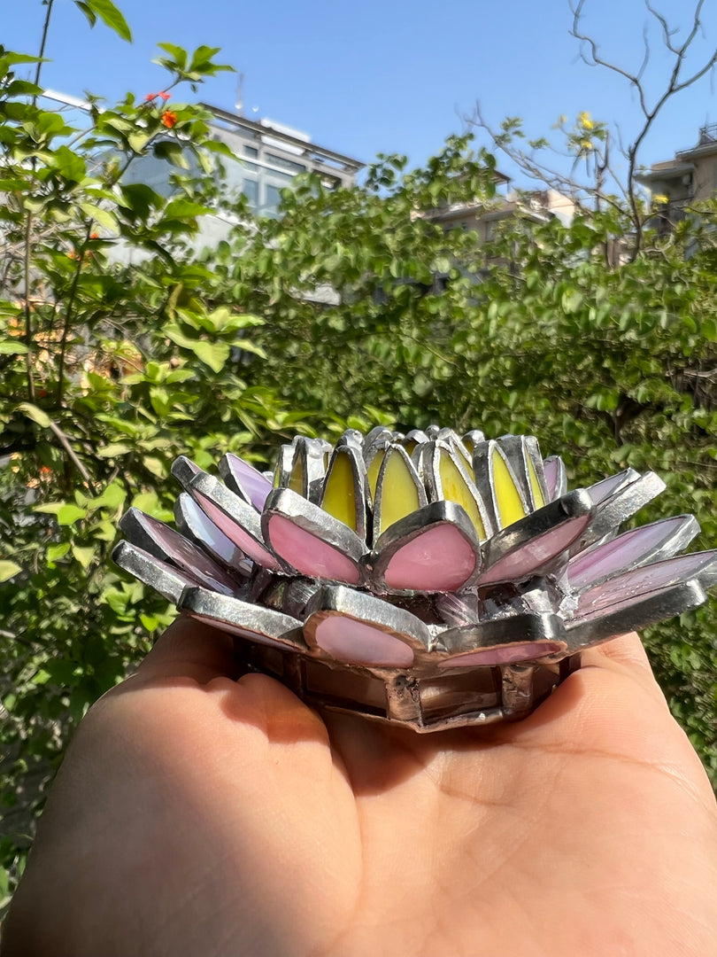 Pastel Pink Water Lily Stained Glass Tea Light Holder-Mini