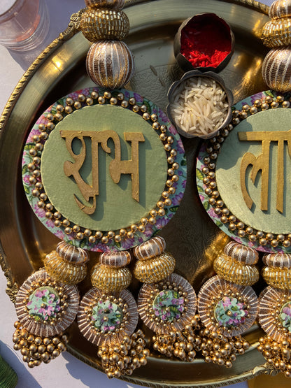 Maroon Navratna Patola & Pastel Pistachio Inflorescence Divine Pichwai Dangler- Set of 2