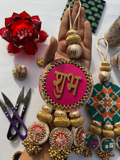 OG Inflorescence Divine Pichwai & Bottle Green Navratna Patola  Shubh Labh Dangler- Set of 2