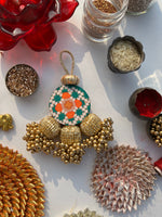Load image into Gallery viewer, Swastik Mini Glass Beaded Charm: Solid Maroon &amp; Bottle Green Navratna Patola