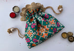 Load image into Gallery viewer, Bottle Green Navratna Pointed Edge Potli - IBHI
