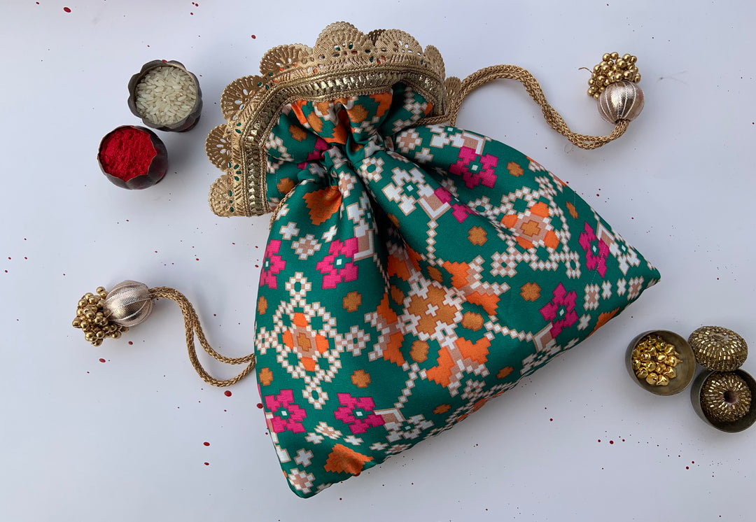 Bottle Green Navratna Pointed Edge Potli - IBHI