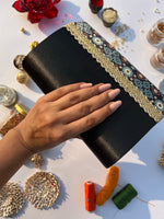 Load image into Gallery viewer, Sylphlike Black Sylvan Intense Ajrakh Micro Beaded X Solid Silk Clutch