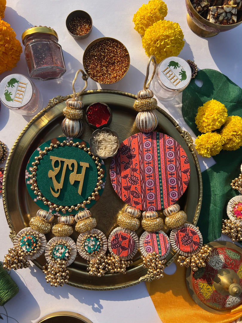Bottle Green Navratna Patola & Vermillion Congruous Divine Pichwai Shubh Labh Danglers- Set of 2