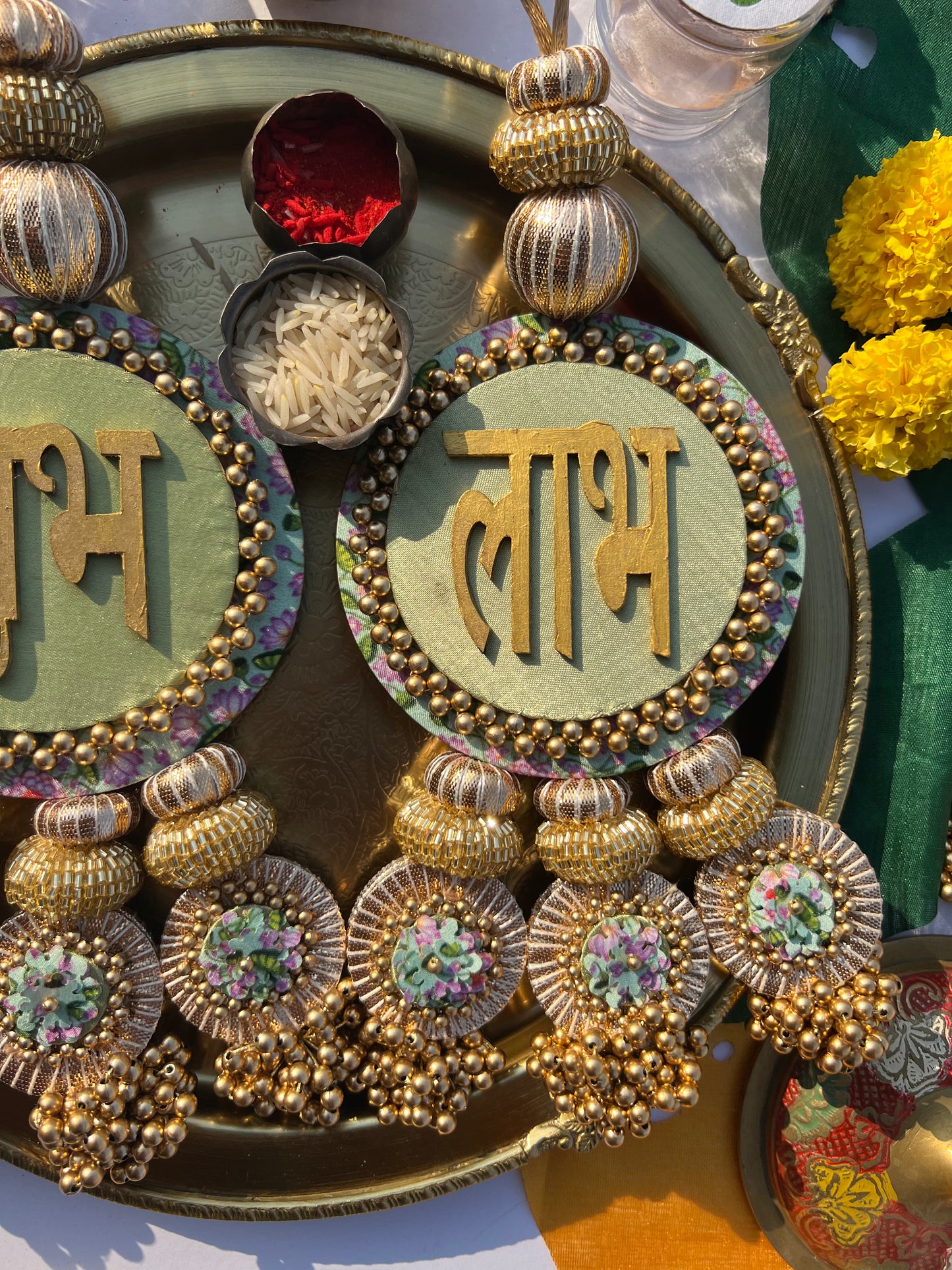 Maroon Navratna Patola & Pastel Pistachio Inflorescence Divine Pichwai Dangler- Set of 2