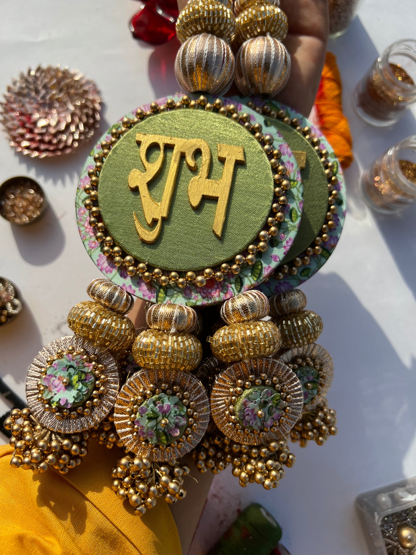 Maroon Navratna Patola & Pastel Pistachio Inflorescence Divine Pichwai Dangler- Set of 2