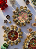 Load image into Gallery viewer, Chaandbali Maroon Navratna Patola &amp; Inflorescence Divine Pichwai Rangoli + Diya Pallets
