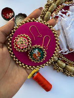 Load image into Gallery viewer, Pichwai &amp; Bottle Green Navratna Patola Enchanted Hoop Earrings
