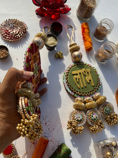 Maroon Navratna Patola & Pastel Pistachio Inflorescence Divine Pichwai Dangler- Set of 2
