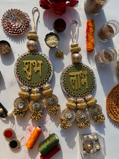 Maroon Navratna Patola & Pastel Pistachio Inflorescence Divine Pichwai Dangler- Set of 2