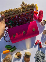 Load image into Gallery viewer, Micro Beaded Clutch- Magenta Pink Hathi Popat Patola X Solid Black Silk
