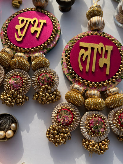 OG Inflorescence Divine Pichwai & Bottle Green Navratna Patola  Shubh Labh Dangler- Set of 2