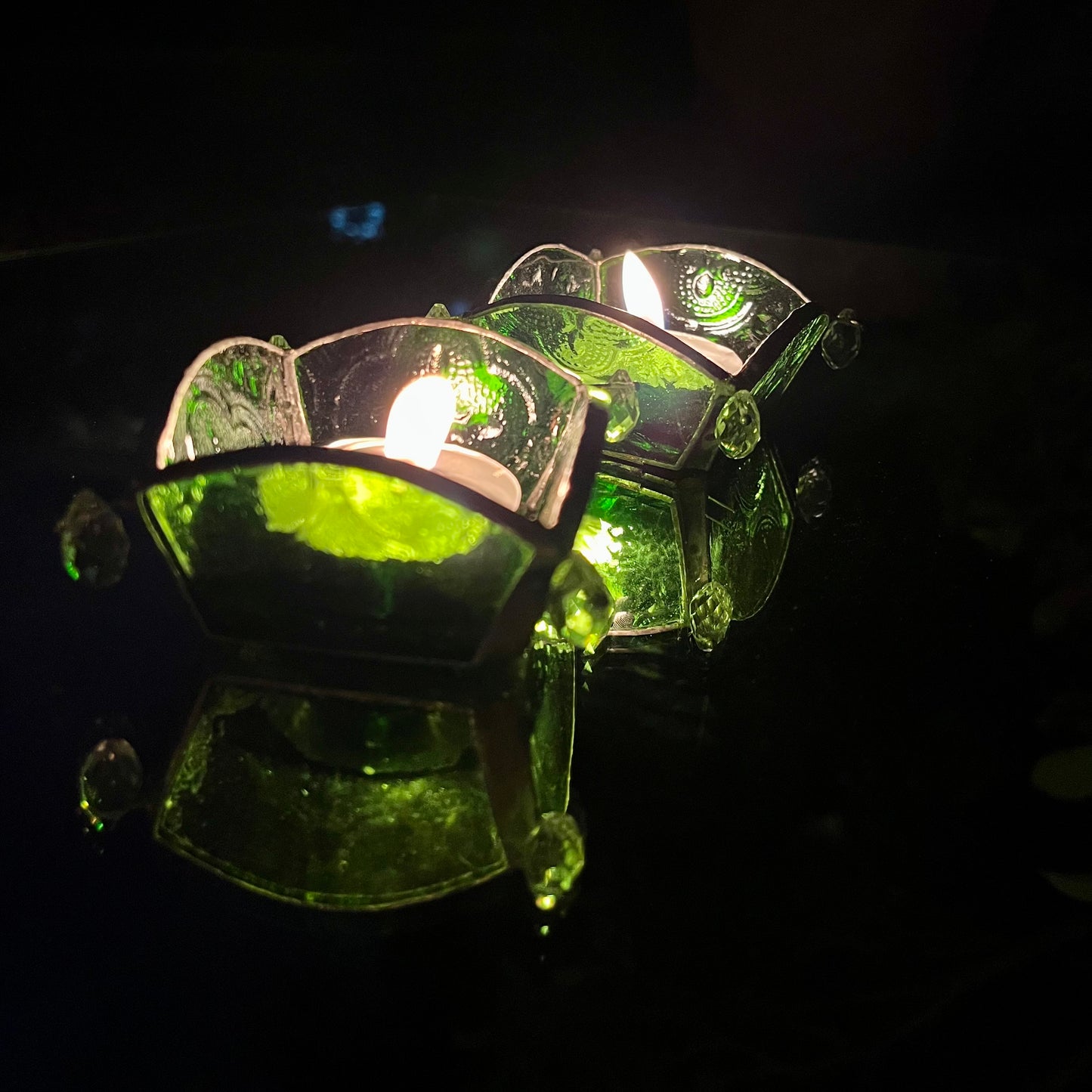 Green colored glass t-light holder