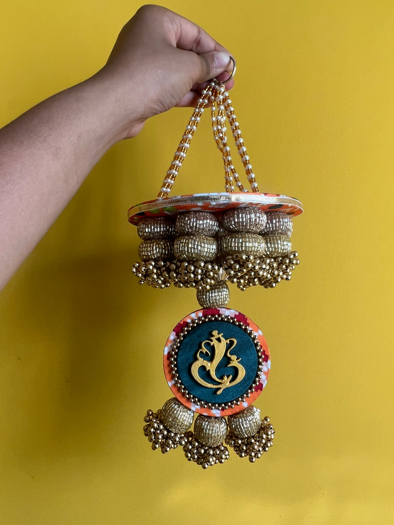Golden Yellow Navratna Patola Ganesh Pearl Hanging