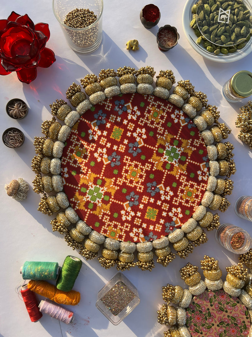 Chaandbali Maroon Navratna Patola & Inflorescence Divine Pichwai Rangoli + Diya Pallets