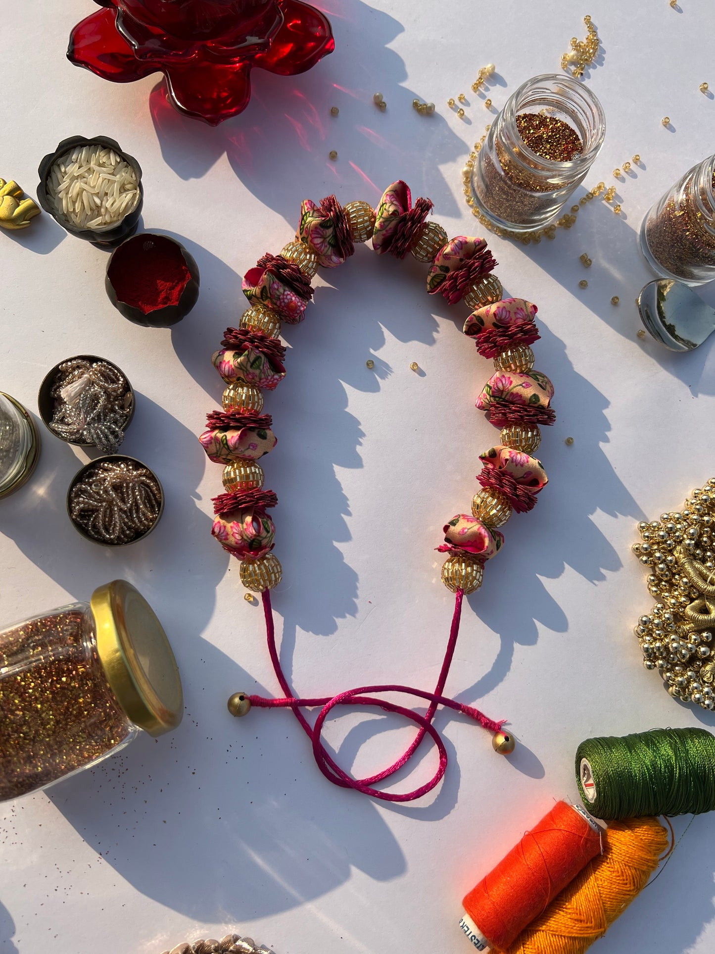 Pichwai & Solid Pink Gajra- FLOWER GARLAND FOR HAIR