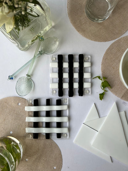 Raised Checkered Fused Square Glass Coasters