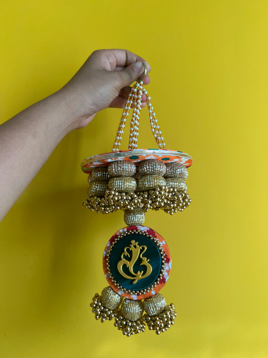 Golden Yellow Navratna Patola Ganesh Pearl Hanging