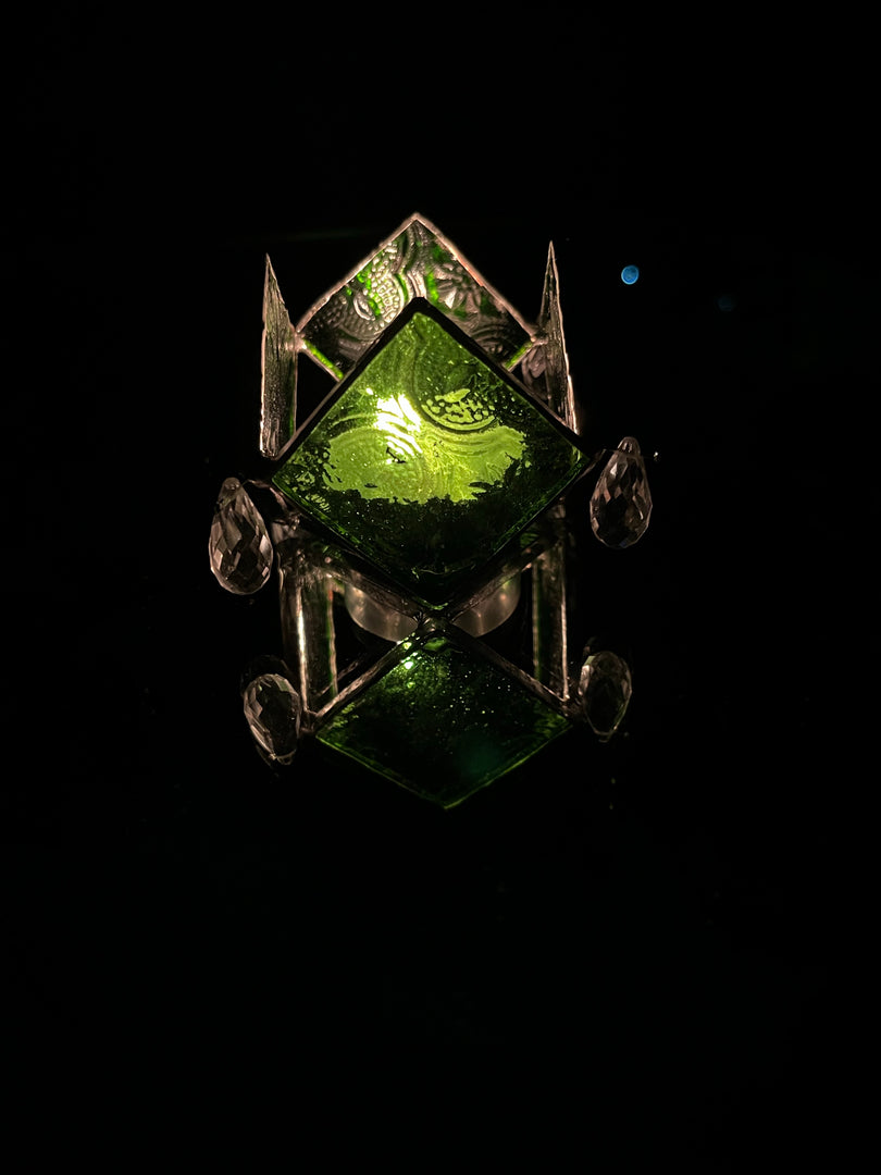 Rhombus Emerald Green Textured Glass Diya