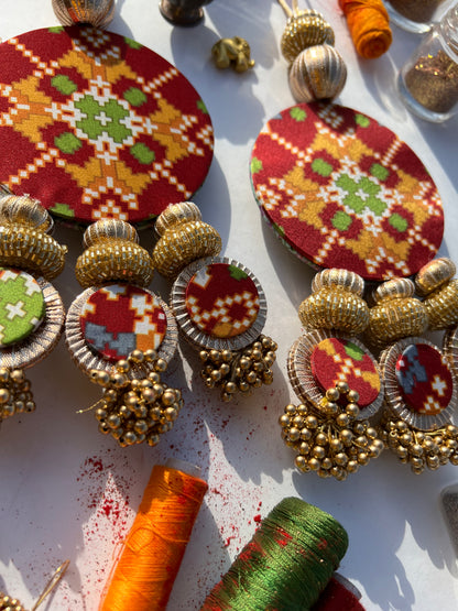 Maroon Navratna Patola & Pastel Pistachio Inflorescence Divine Pichwai Dangler- Set of 2