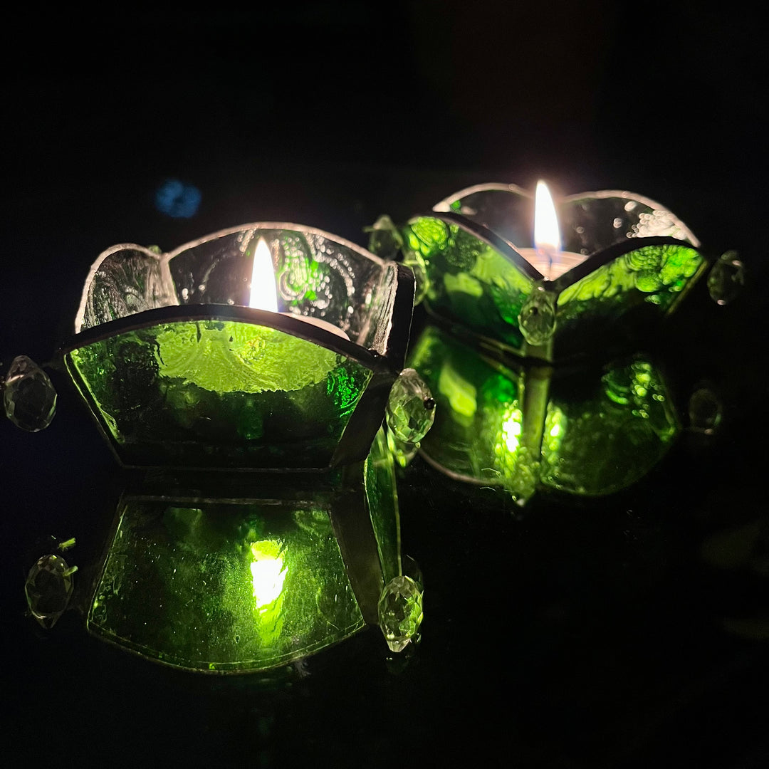 Green colored glass t-light holder