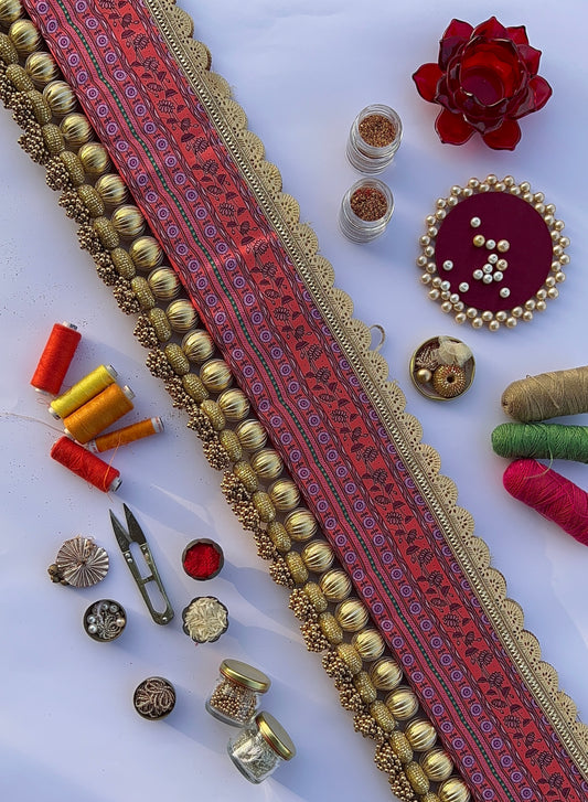 Vermillion Pichwai and Pink Navratna Patola Tasseled Toran
