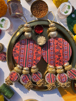 Load image into Gallery viewer, Harmony Mor Bani Thangat Kare &amp; Maroon Navratna Patola Shubh Labh Danglers- Set of 2
