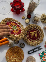Load image into Gallery viewer, Maroon Navratna Patola Beaded Shubh Labh Pallets- Set of two
