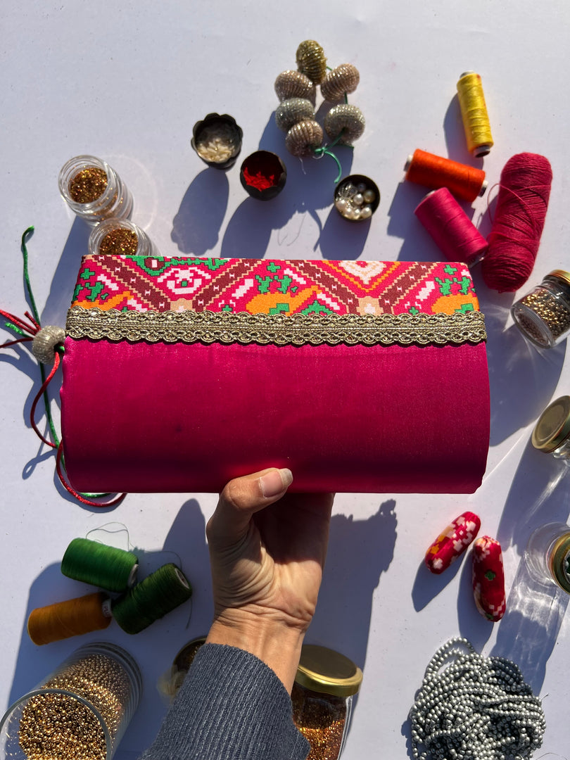 Micro Beaded Clutch- Magenta Pink Hathi Popat Patola X Solid Black Silk