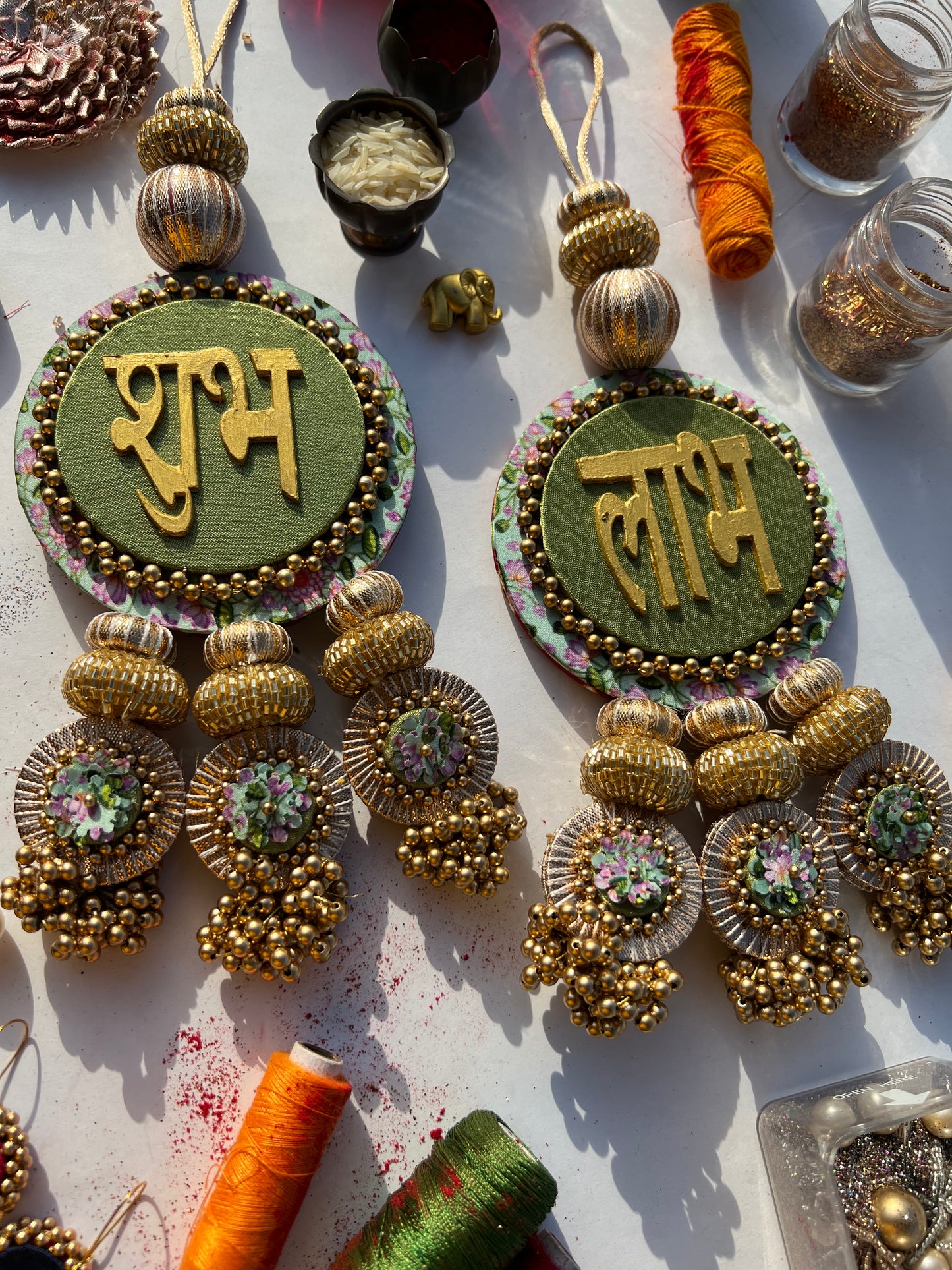 Maroon Navratna Patola & Pastel Pistachio Inflorescence Divine Pichwai Dangler- Set of 2