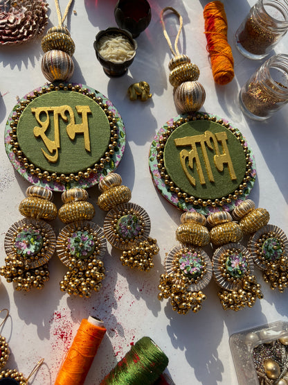 Maroon Navratna Patola & Pastel Pistachio Inflorescence Divine Pichwai Dangler- Set of 2