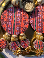 Load image into Gallery viewer, Harmony Mor Bani Thangat Kare &amp; Maroon Navratna Patola Shubh Labh Danglers- Set of 2
