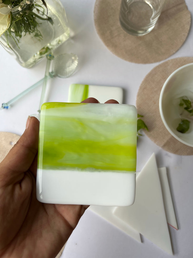 Verdure Green & Solid Milk White Fused-Glass Coasters