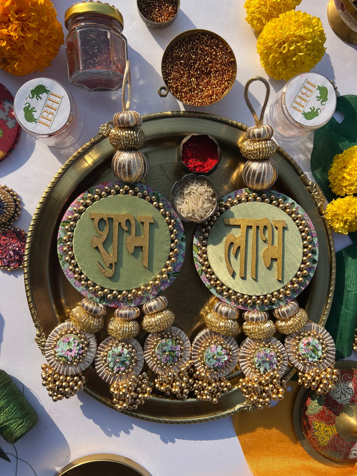 Maroon Navratna Patola & Pastel Pistachio Inflorescence Divine Pichwai Dangler- Set of 2