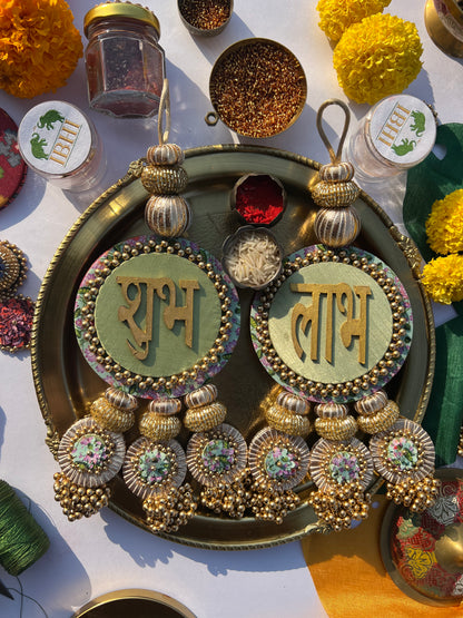 Maroon Navratna Patola & Pastel Pistachio Inflorescence Divine Pichwai Dangler- Set of 2