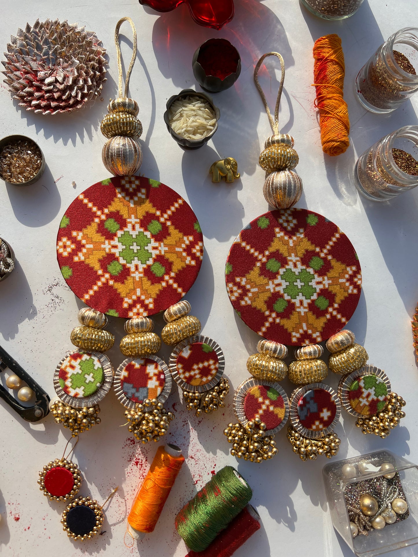 Maroon Navratna Patola & Pastel Pistachio Inflorescence Divine Pichwai Dangler- Set of 2